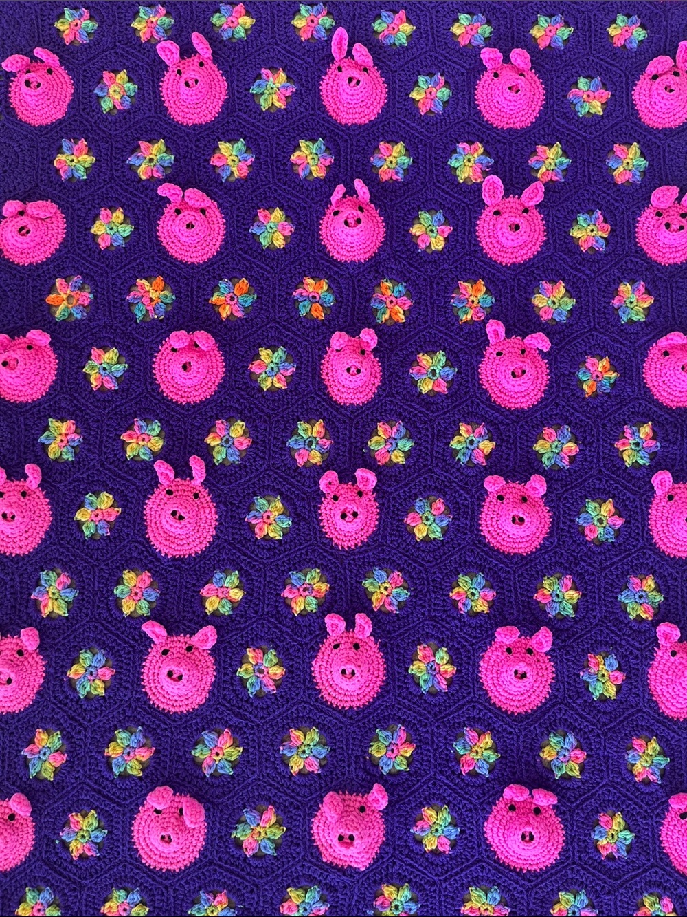Pink Raised Pig on Purple Afghan Hand Made